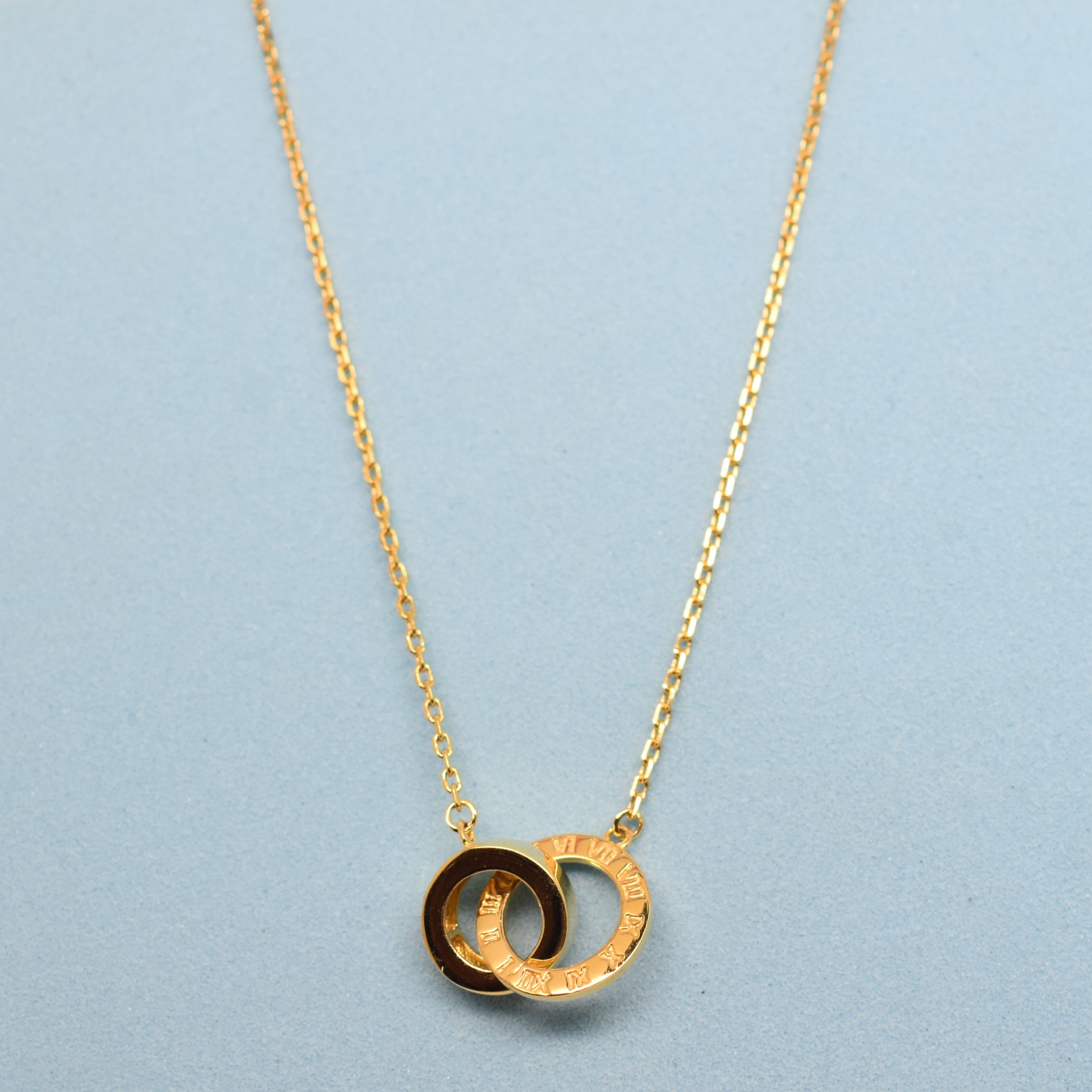 925 Sterling Silver - Yellow Roman Numeral Double Ring Necklace