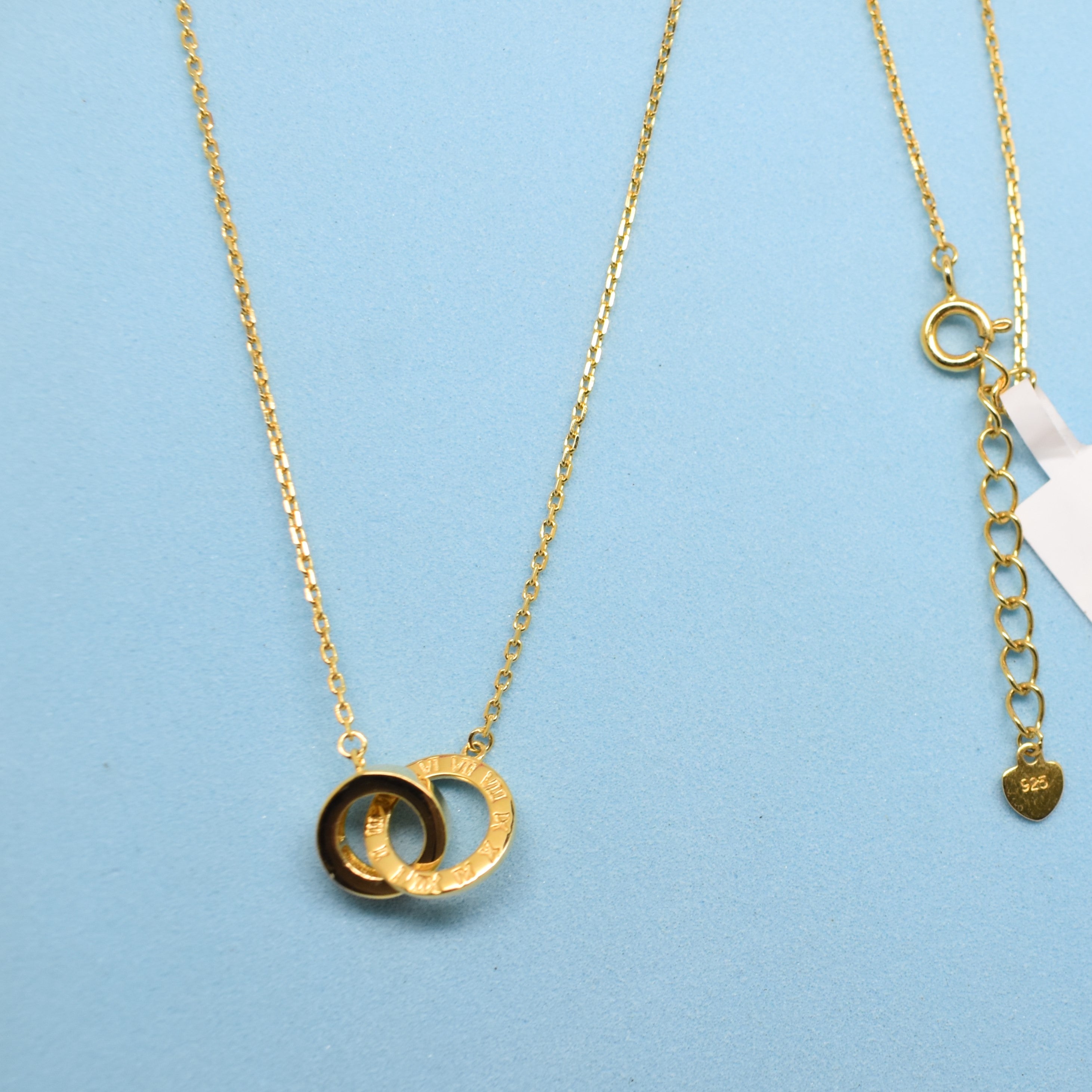 925 Sterling Silver - Yellow Roman Numeral Double Ring Necklace