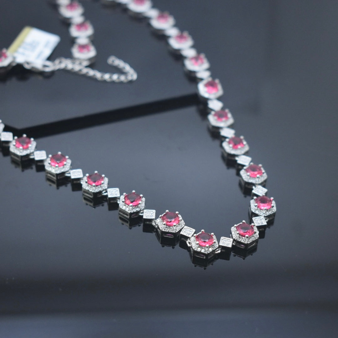 925 Sterling Silver - Pink Zircon Necklace Set