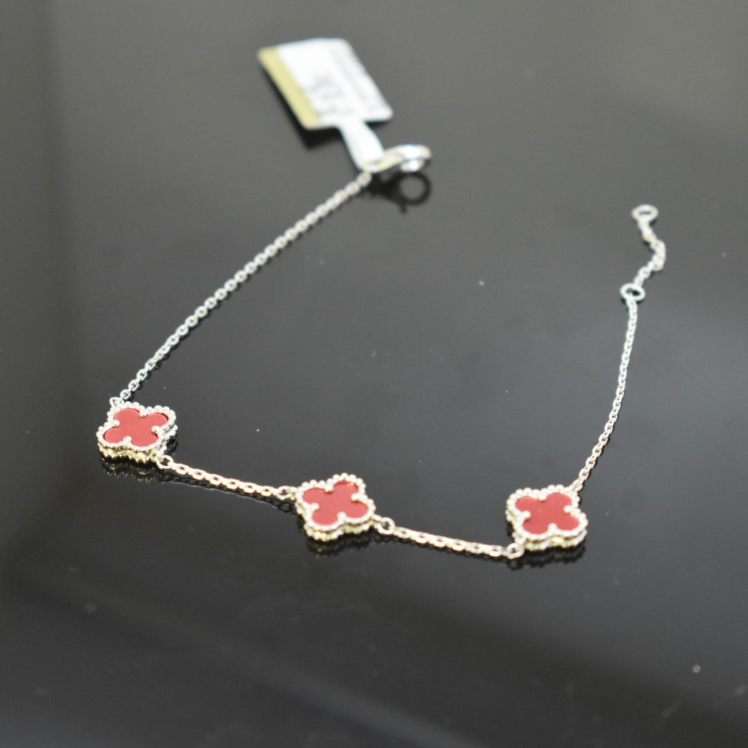 925 Sterling Silver - White SJVC 3 Flower Red Bracelet