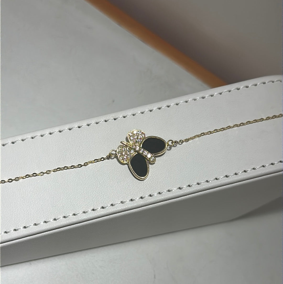 18K Yellow Gold - Butterfly Black Onyx Stone Bracelet